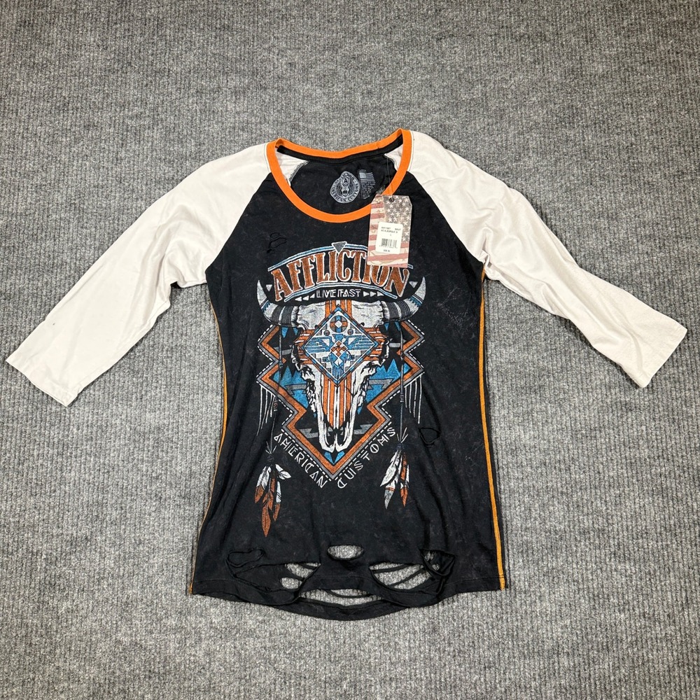 Affliction Womens Large AC Alborque 3/4 Raglan Graphic Tee Black White NWT Rock